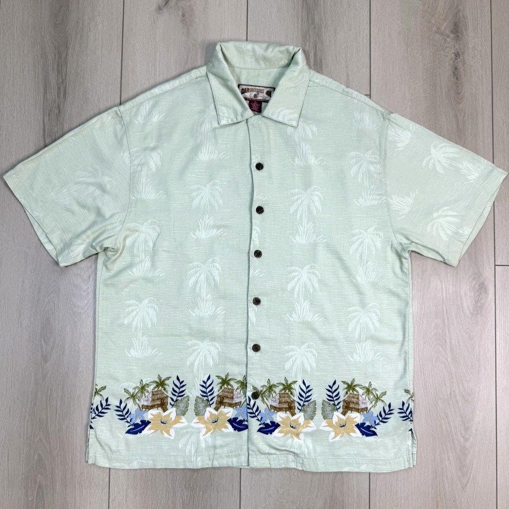 VTG Y2K‎ Caribbean Joe Shirt M Green Palm Tree Floral Border Camp Island Rayon A